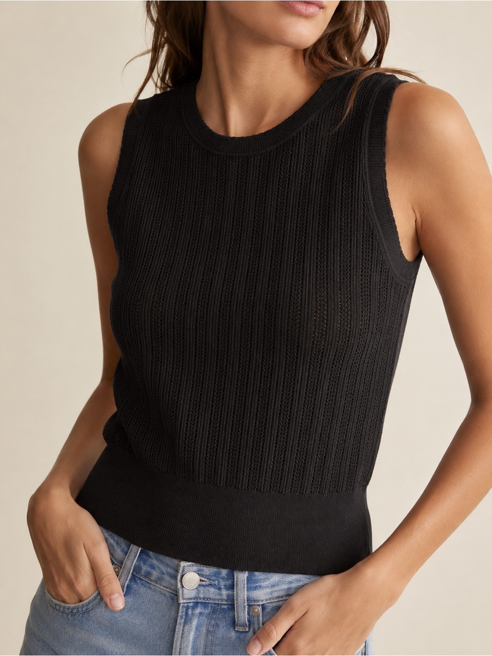 Veronica Beard Heti Pointelle Knit Tank in Black, Size Small